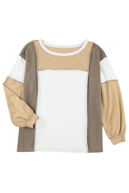 Khaki Color Block Exposed Seam Long Sleeve T Shirt