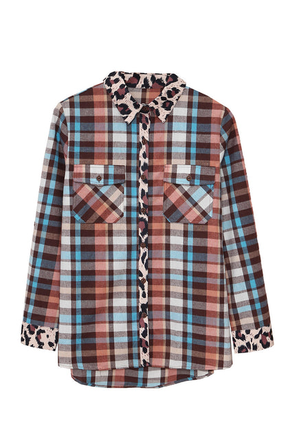 Multicolor Plaid Leopard Trim Collared Button Up Shirt