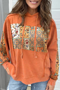 Flamingo Mix Floral Patchwork Side Slit Drawstring Hoodie