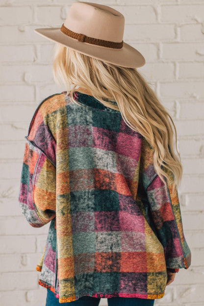 Multicolor Brushed Checked Tunic Buttoned Jacket