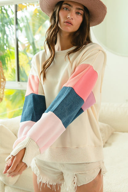 White Color Block Sleeve Ribbed Trim Long Sleeve Top