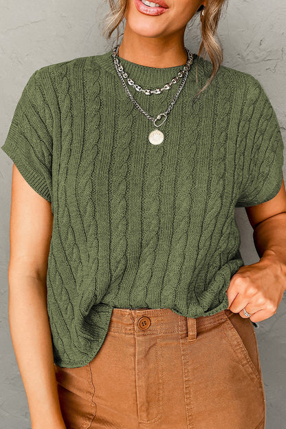 Chestnut Cable Knit Round Neck Short Sleeve Sweater