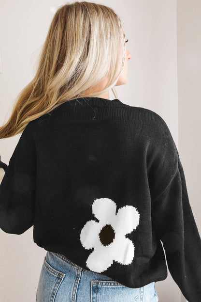 Black Flower Pattern Ribbed Trim Knit Sweater