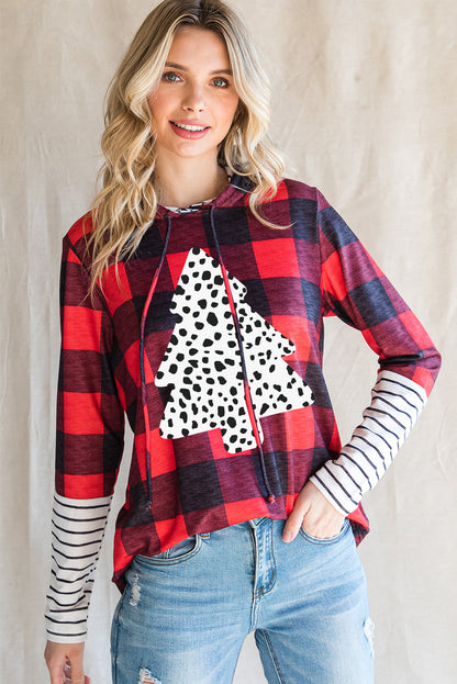 Red Plaid Patch Sleeve Leopard Christmas Graphic Hoodie