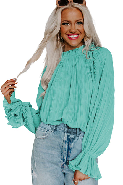 Green Striking Pleated Flared Cuff Long Sleeve Blouse