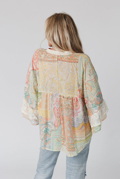 Multicolor Paisley Print Bell Sleeve Lace V-Neck Button Sheer Blouse