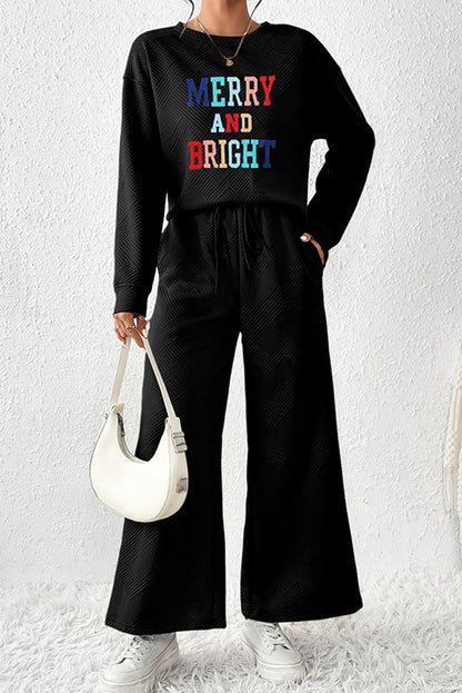 Black Textured MERRY AND BRIGHT Stitching Graphic Pants Set