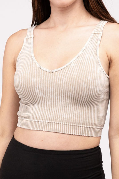 Washed Ribbed Cropped V-Neck Tank Top