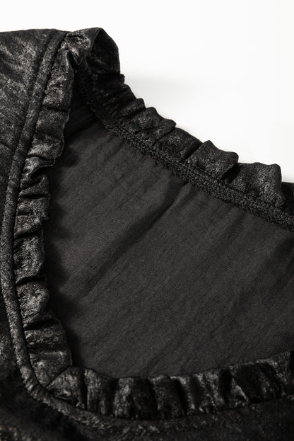 Gold Metallic Velvet Frill V Neck Puff Sleeve Babydoll Blouse