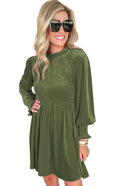 Green Smocked Lantern Sleeve Frilled Velvet Dress