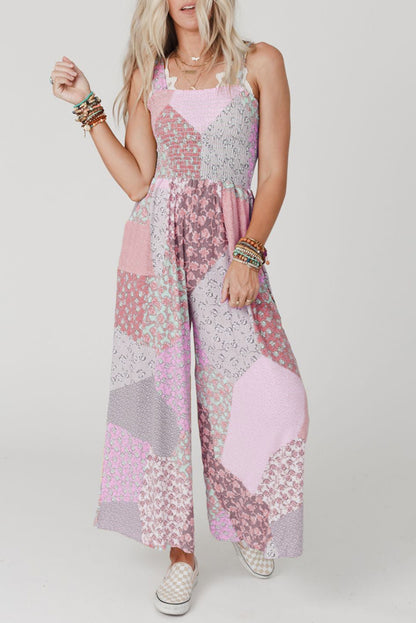 Multicolor Irregular Patchwork Print Smocked Wide Leg Jumpsuit