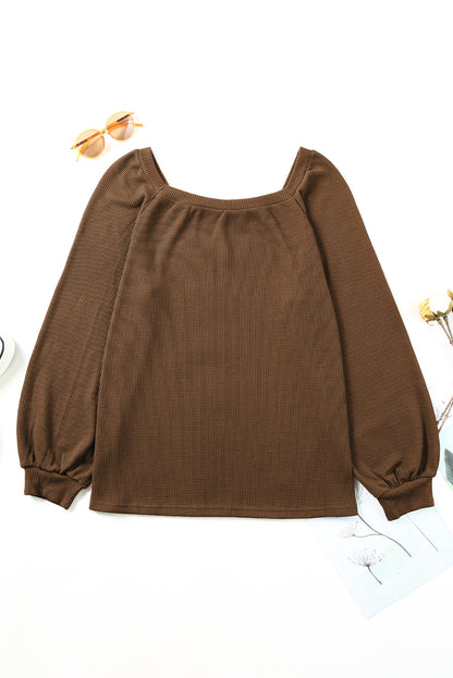 Apricot Waffle Texture Square Neck Pullover Top