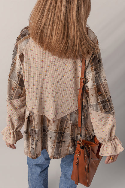 Oatmeal Boho Floral Plaid Patchwork Waffle Knit Distressed Jacket