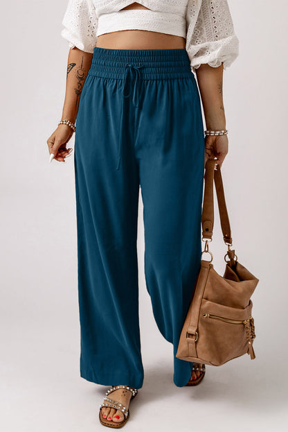 Black Casual Drawstring Shirred Elastic Waist Wide Leg Pants