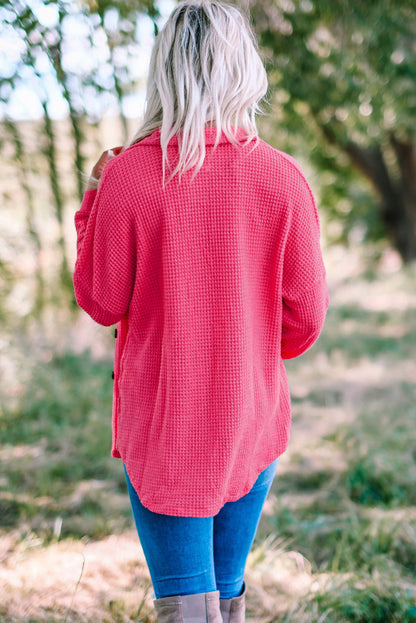 Hot Pink Pocket Buttons Front Waffle Knit Top