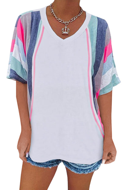 Pink Stripe Patchwork V Neck T Shirt