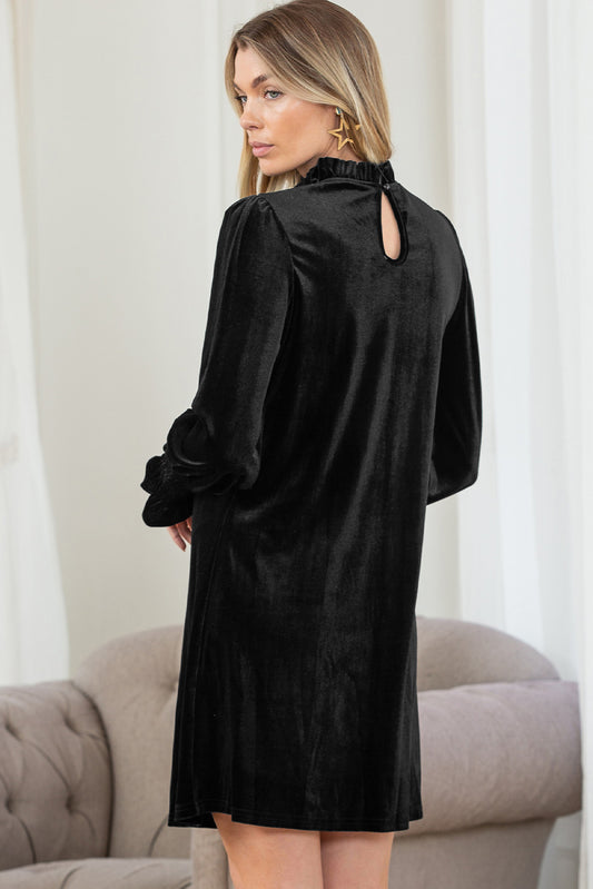 Black Velvet Frill Neck Long Sleeve Shift Dress