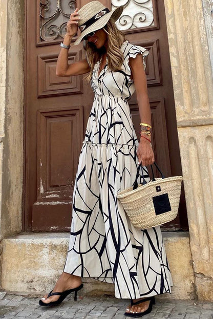 Abstract Vein Print V Neck Ruffle Maxi Dress