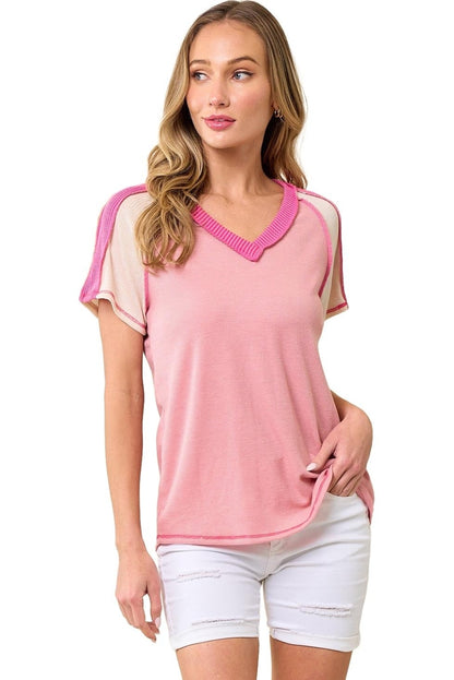 Pink Exposed Seam Patchwork Waffle Knit V Neck T-shirt