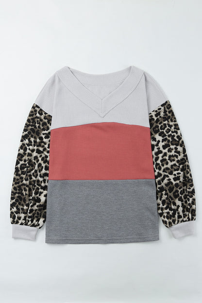 Leopard Print Color Block V Neck Waffle Knit Long Sleeve Top