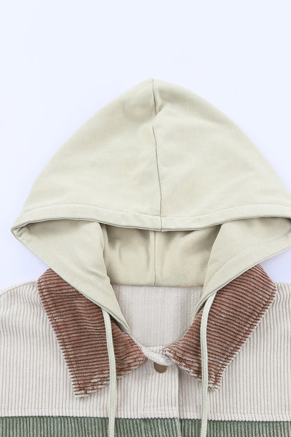 Green Color Block Button Down Hooded Corduroy Jacket