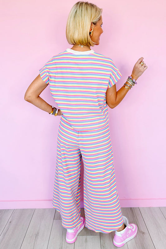 Pink Stripe Rainbow Tee and Tassel Drawstring Wide Leg Pants Set