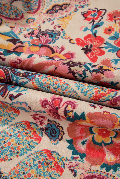 Khaki Vintage Paisley Floral Printed Sherpa Lined Hooded Jacket