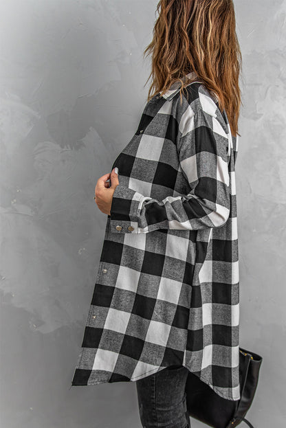 Brown & Black Plaid Collared Botton Down Long Shirt Shacket