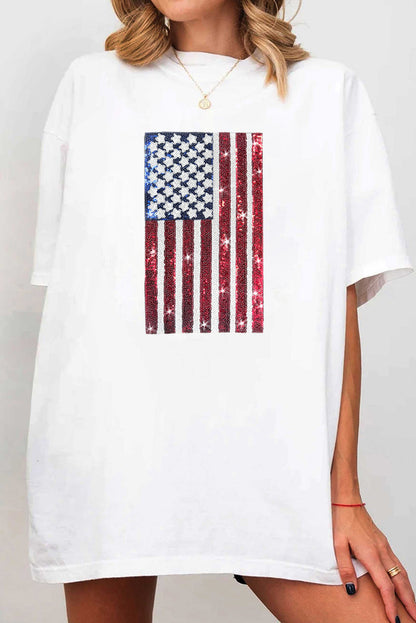 White Sequined American Flag Graphic Crewneck Oversized Tee