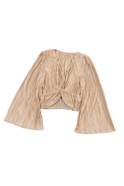 Camel Pleated Bell Sleeve Twist V Neck Cropped Blouse