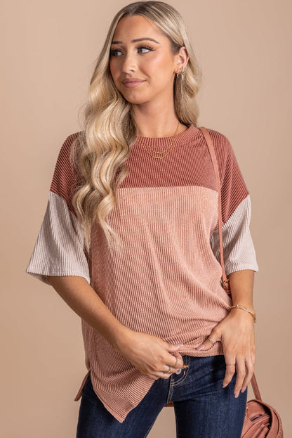 Rose Pink Plus Size Drop Sleeve Colorblock Ribbed T-shirt