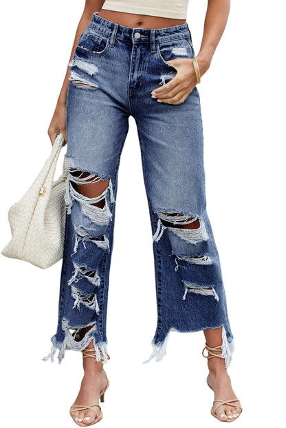 Blue Heavy Destroyed Raw Hem Wide Leg Jeans