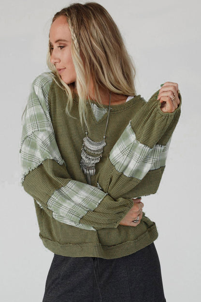 Green Plaid Patch Waffle Knit Long Sleeve Top