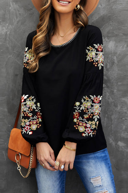 Black Flower Embroidered Jewel Neckline Long Sleeve Shirt