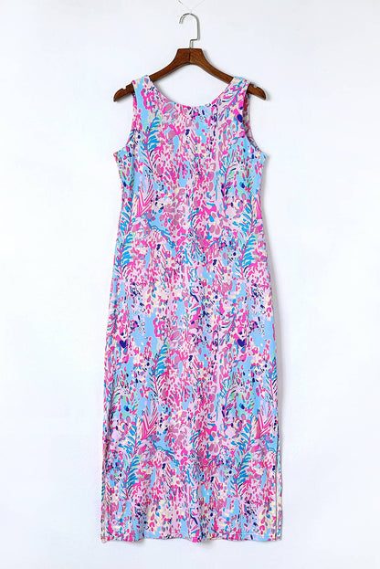 Purple Fluorescent Printed Round Neck	 Sleeveless Maxi Dress