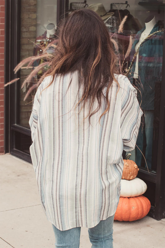 Striped Button Up Drop Shoulder Loose Shirt