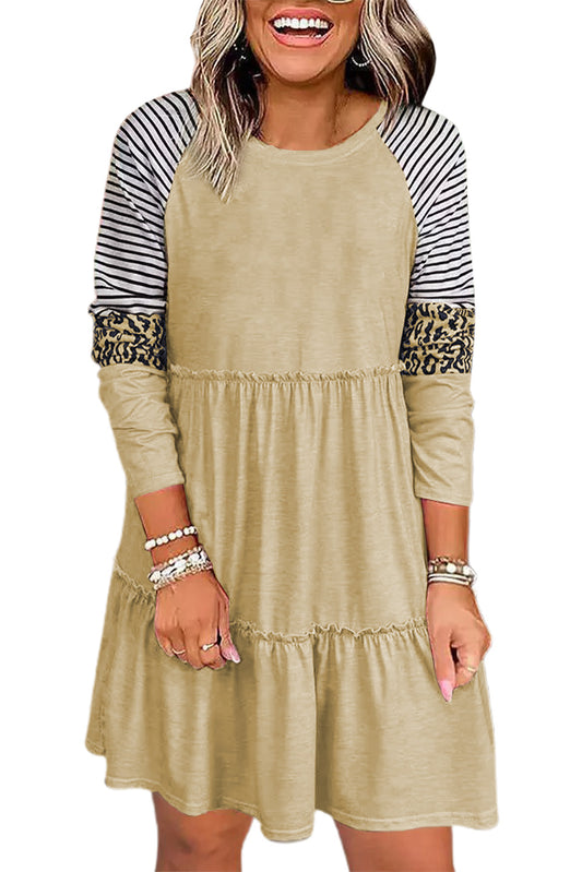 Khaki Striped Leopard Patchwork Long Sleeve Short Dress