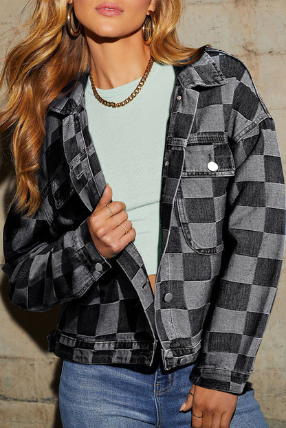 Black Checkered Patchwork Button Up Denim Jacket