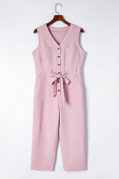 Pink Buttoned Sleeveless Cropped Jumpsuit With Sash