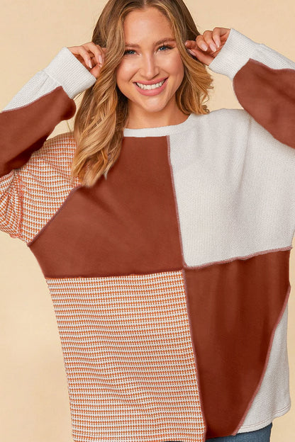 Multicolor Exposed Seam Color Block Pullover Long Sleeve Top