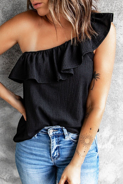 Rosy Crinkled Ruffle Casual Short Sleeve Blouse