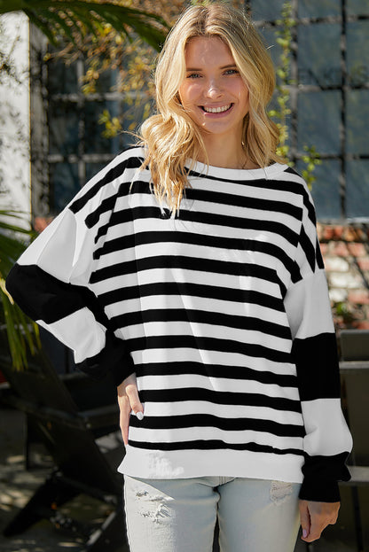 Blue Striped Casual Drop Shoulder Pullover Sweatshirt