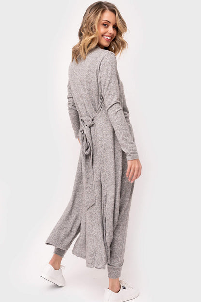 Gray Casual Tie Back Open Front Long Cardigan