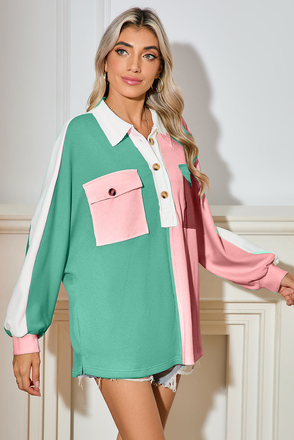 Gray Colorblock Patchwork Ribbed Oversized Henley Sweatshirt