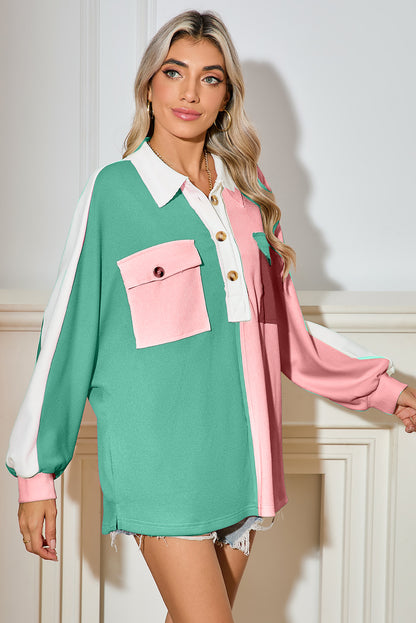 Gray Colorblock Patchwork Ribbed Oversized Henley Sweatshirt