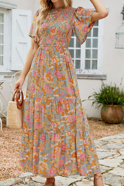 Boho Wide Sleeve Smocked Waist Floral Dress