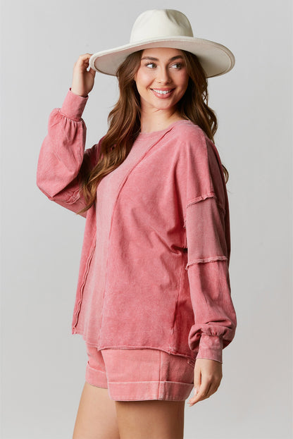 Rose Lighted Washed Waffle Knit Patchwork Sweatshirt