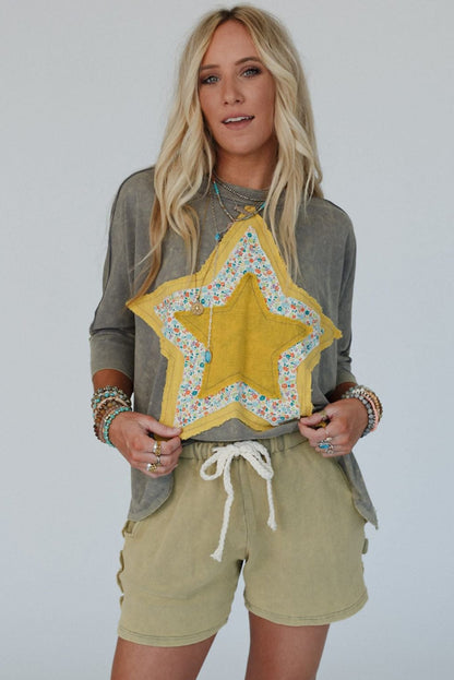 Medium Grey Floral Star Patched Exposed Seam Mineral Wash Top