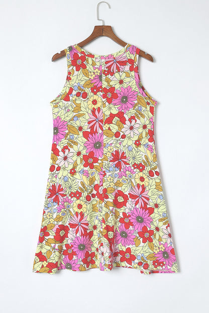 Red Round Neck Sleeveless Floral Short Dress