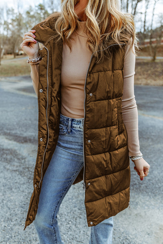 Brown Hooded Pocketed Quilted Long Vest Coat